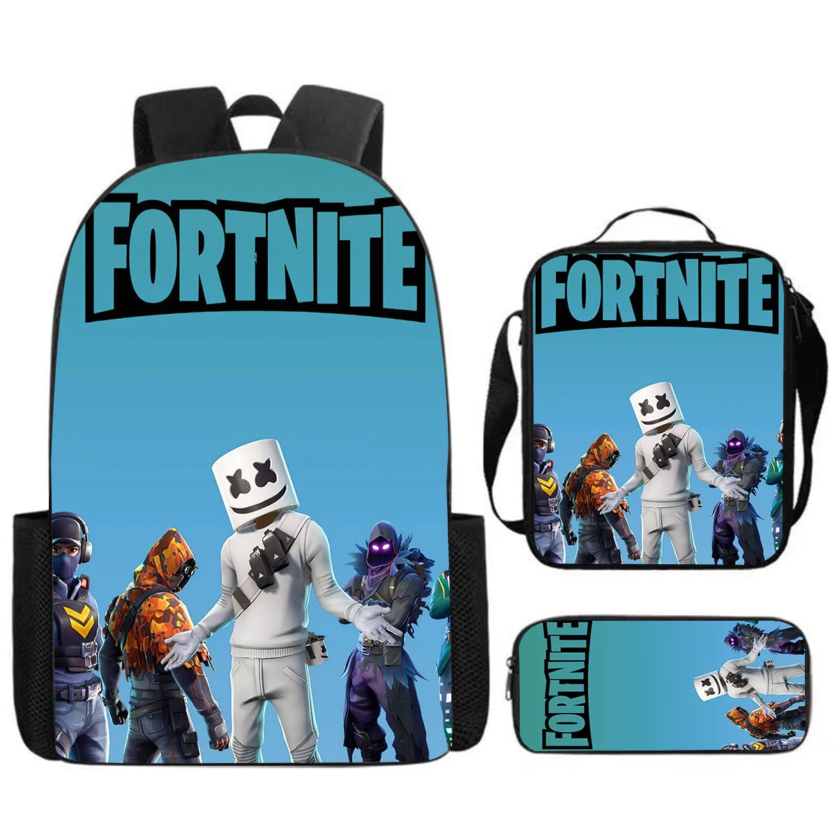 Cute Cartoon 3pcs Set School Backpack with Lunch Bag and Pencil Case, Large Anime Fortnite Kids School Bags for Boys and Girls