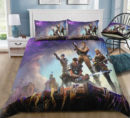 Спален комплект Fortnite с плик за завивка, 3 части, 3D принт, спално бельо за спалня, игра, аниме, анимационна калъфка за възглавница, декорация за стая, подаръци