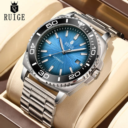 RUIGE Fashion Men's Fully Automatic Mechanical Watch Stainless Steel Calendar Men's Night Light Waterproof Versatile Watch