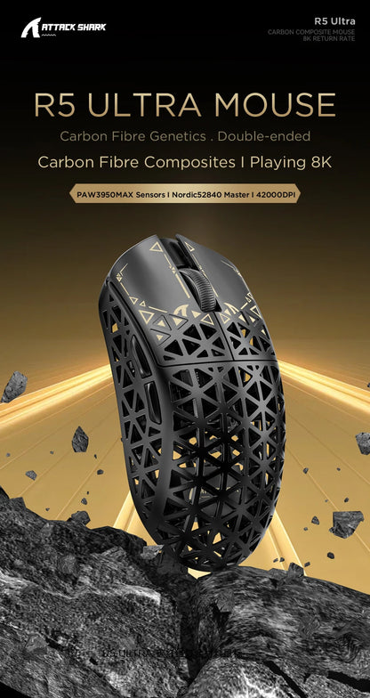 ATTACK SHARK R5 Ultra Carbon Fiber brezžična gaming miška, gaming senzor PixArt PAW3950MAX, 42000DPI, 8000Hz, MCU Nordic 52840