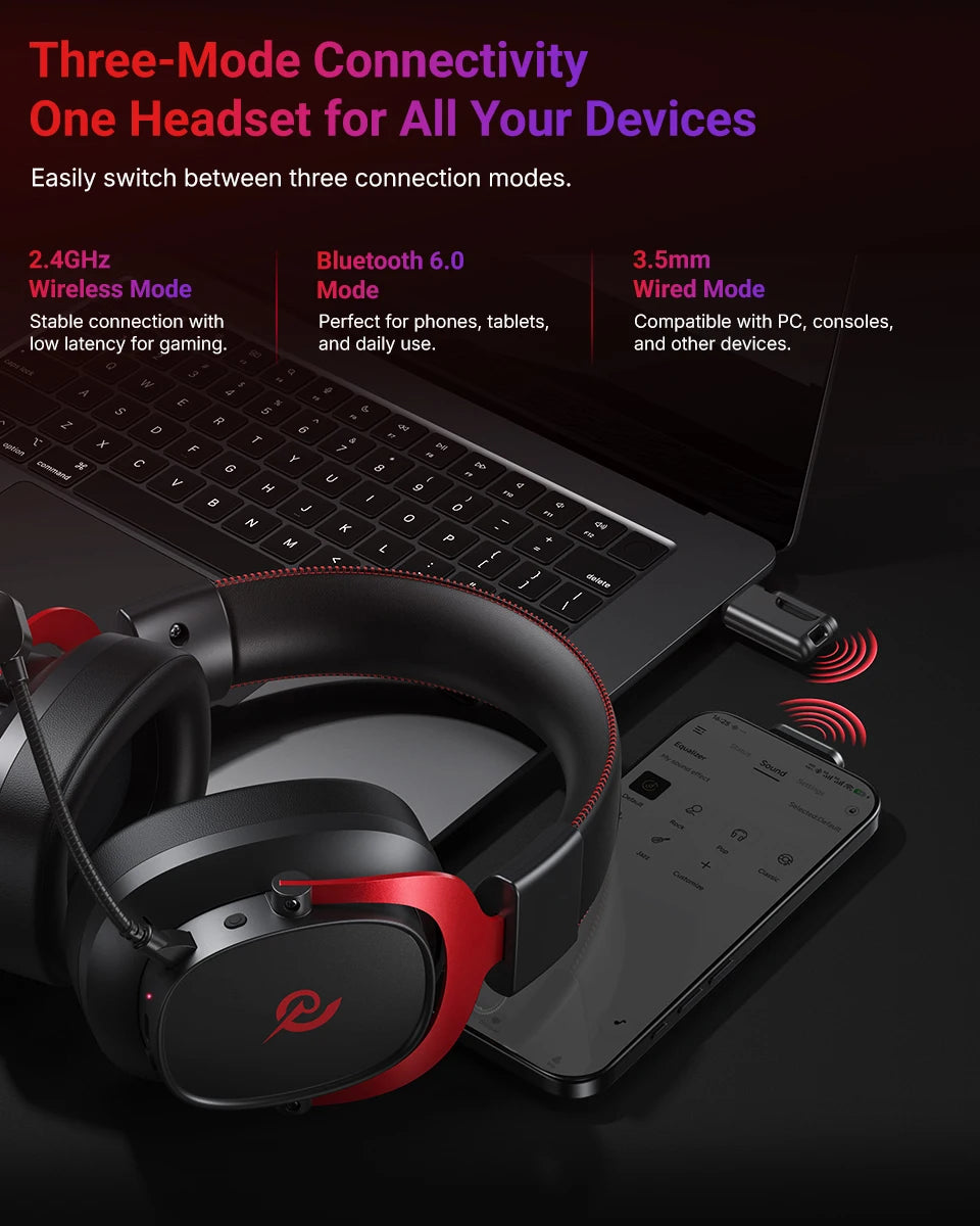 QCY Casque Gamer Sans Fil Heroad VT200 avec Microphone Détachable, Casque Over-Ear, Connexion Tri-Mode, Son Surround 7.1 pour PC, PS4 et PS5