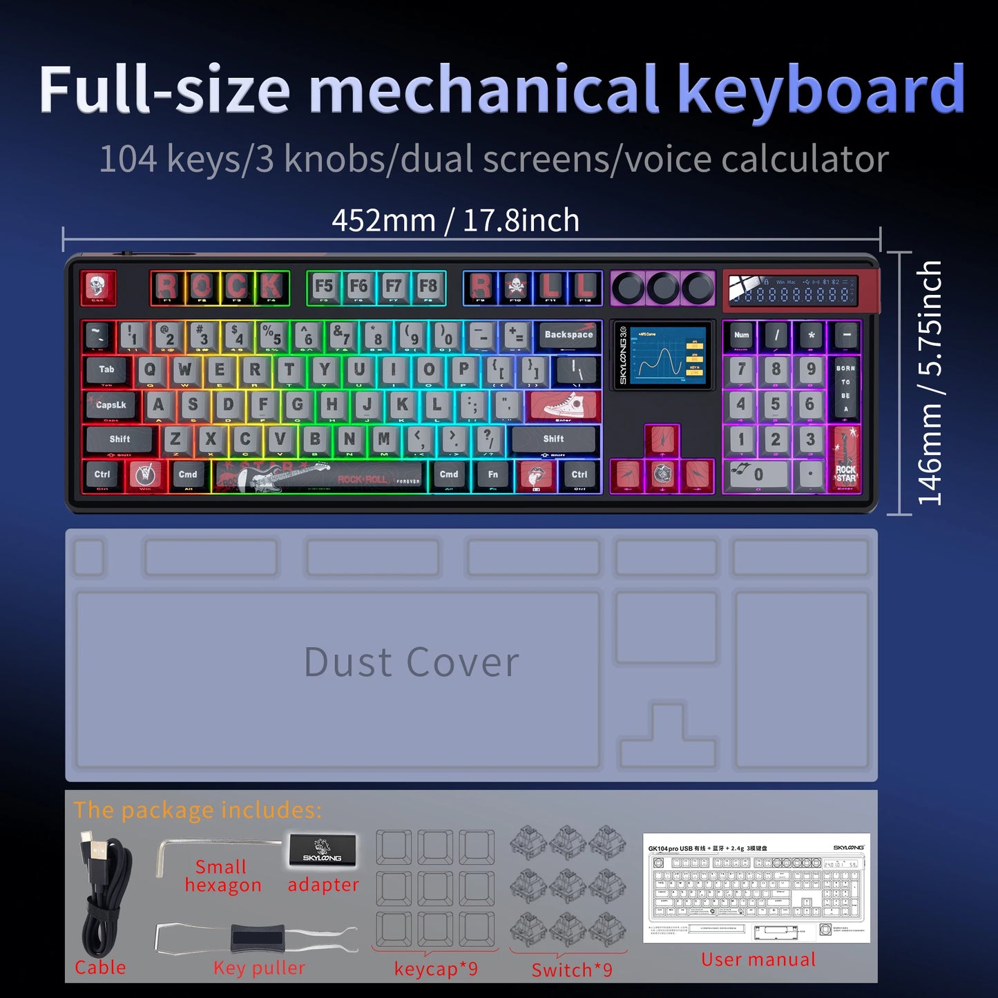 Teclado Mecânico Sem Fios SKYLOONG GK104 Pro 100% Personalizado com Switch Hot-Swap de Baixo Ruído para PC Gaming e Acessórios de Escritório