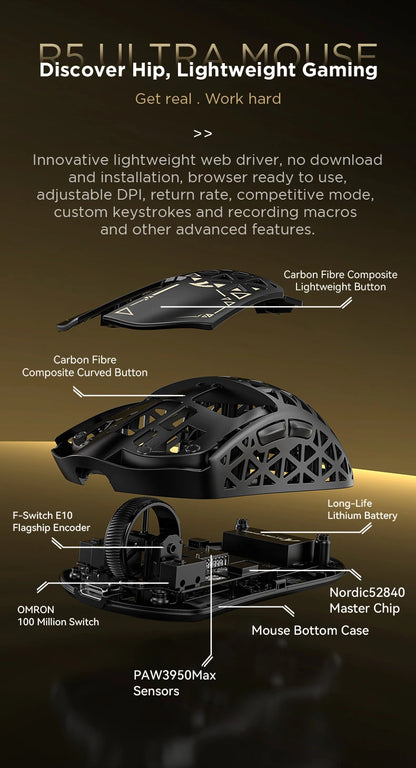 ATTACK SHARK R5 Ultra bežični gaming miš od karbonskih vlakana, gaming senzor PixArt PAW3950MAX, 42000DPI, 8000Hz, MCU Nordic 52840