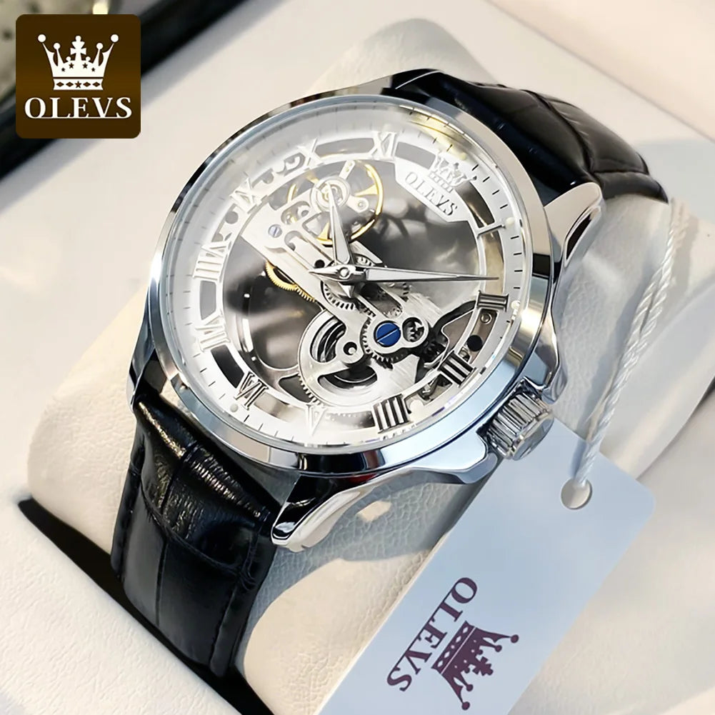 Relógio mecânico automático para homem OLEVS 6661 – Modelo esqueleto totalmente transparente com volante visível, bracelete em pele, relógio de luxo original para homem