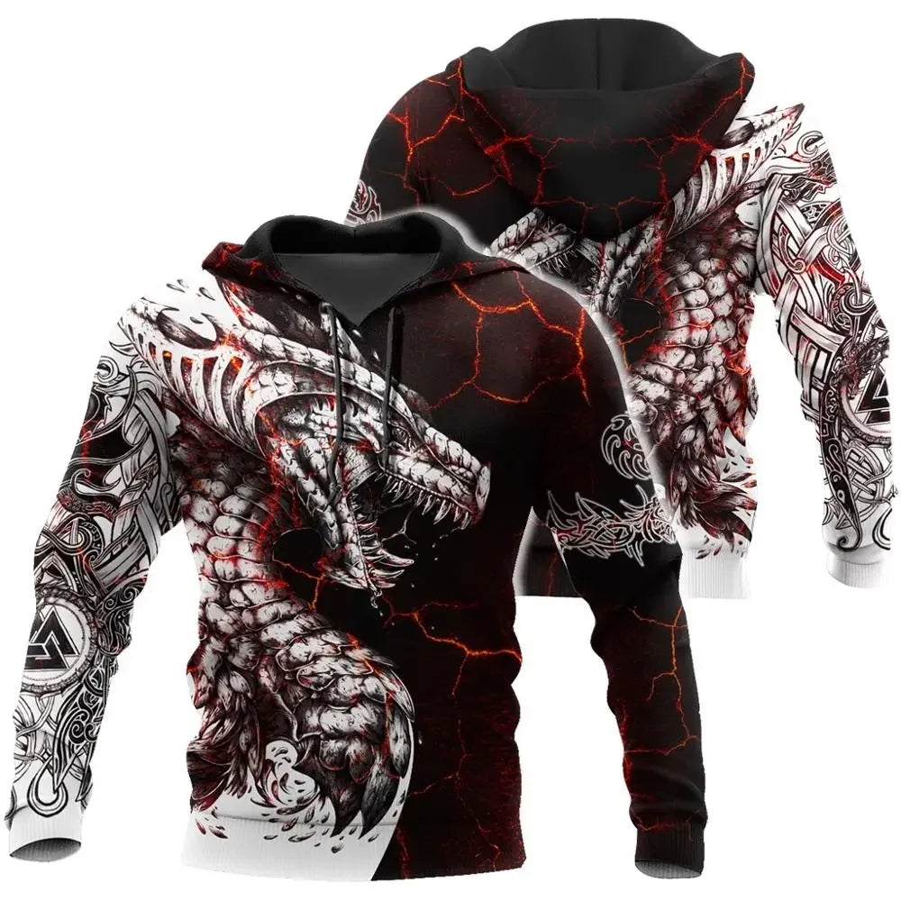 Sweatshirt com Capuz para Homem Black & White Tattoo Dragon com Impressão 3D, Unissexo, Streetwear, Fecho de Correr, Pullover, Casaco Casual de Fato de Treino KJ0192