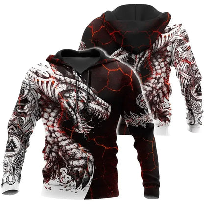 Sweatshirt com Capuz para Homem Black & White Tattoo Dragon com Impressão 3D, Unissexo, Streetwear, Fecho de Correr, Pullover, Casaco Casual de Fato de Treino KJ0192