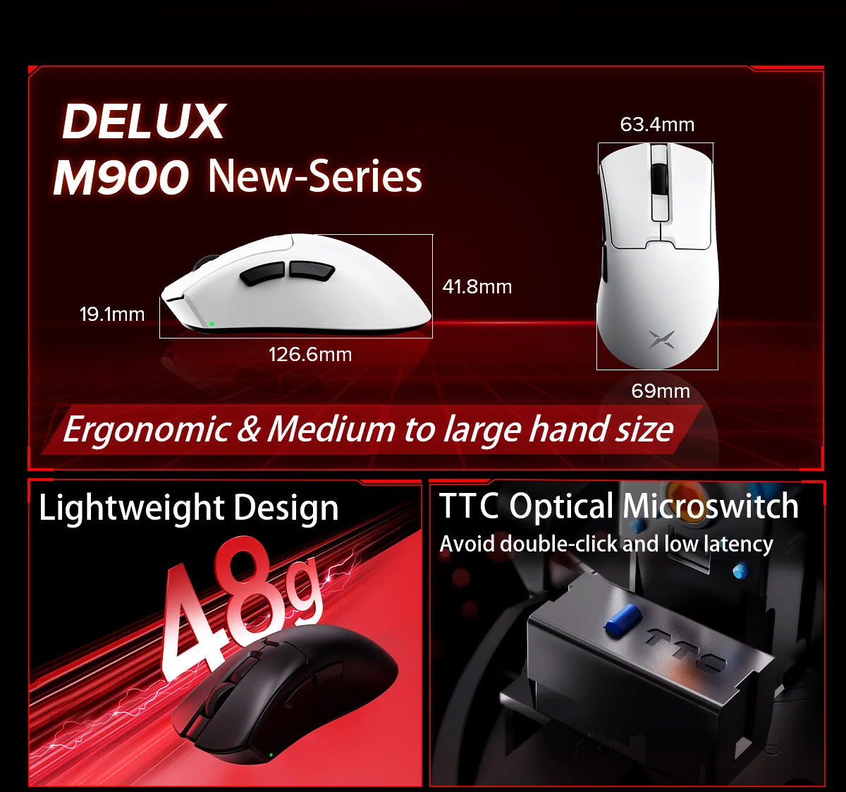 Delux M900PRO Versione ultraleggera Mouse gaming wireless ergonomico 1K/8K Polling Rate 50g PAW3395 per gamer PC destrorsi con mano grande