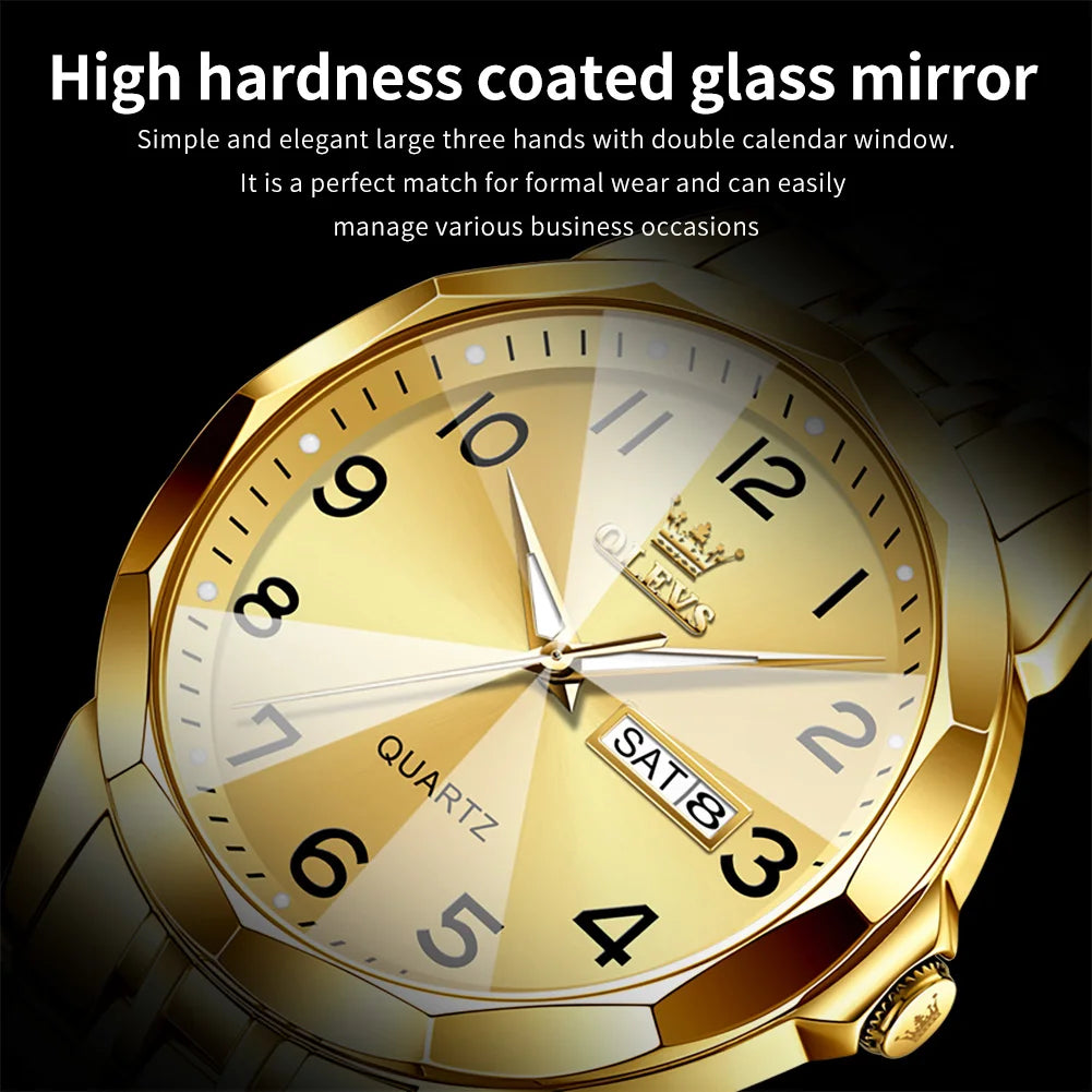 OLEVS 9970 Men Watch Original Brand Waterproof Luminous Quartz Watch Rhombus Mirror Stainless Steel Date-Day-Date Watch With Box