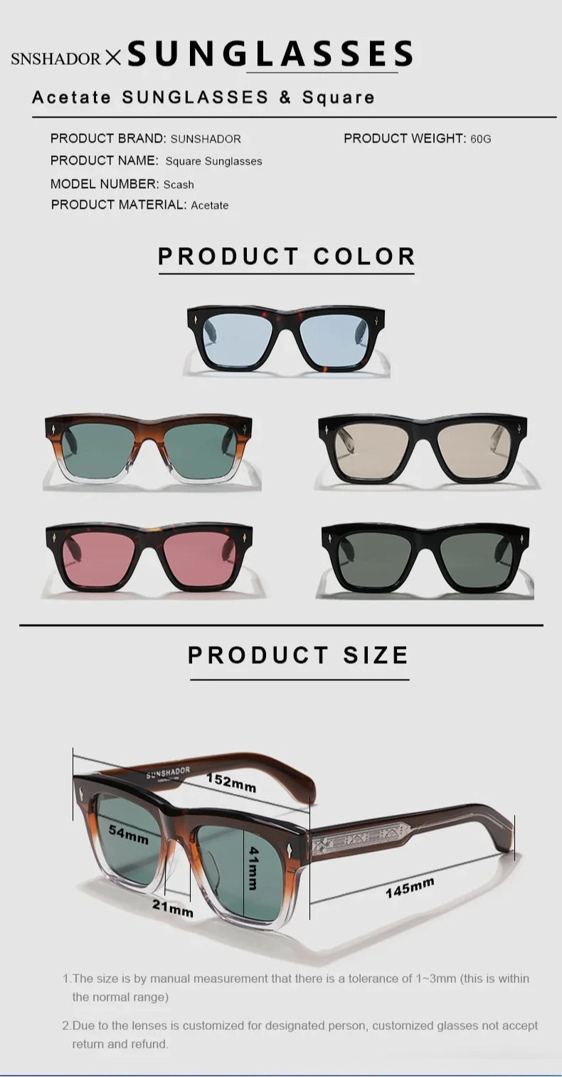 Fashion Design Handmade Square Acetate Sunglasses For Men Women Classic Sunglasses outdoor UV400 Protection Logo Customization
