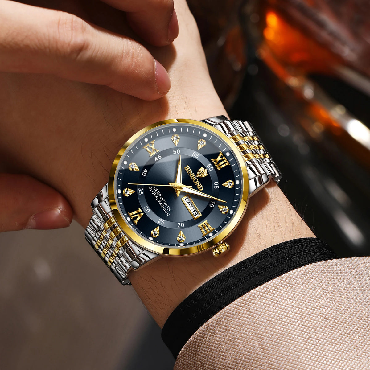 BINBOND luxury quartz wristwatch for men – Water-resistant, luminous, with day-of-the-week display – Business, sport, fashion and casual styles