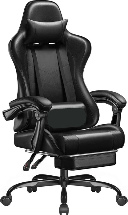 Gaming chair with lumbar soft pillow support and adjustable height footrest, an ergonomic computer gaming chair.
