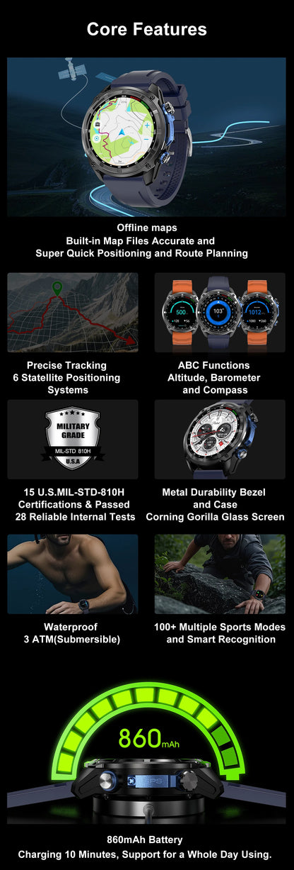 2026 New Military Smart Watch GPS Track Compass Altimeter Bluetooth Calling 860mAh Battery DTG1 Men Outdoor Sports Smartwatch