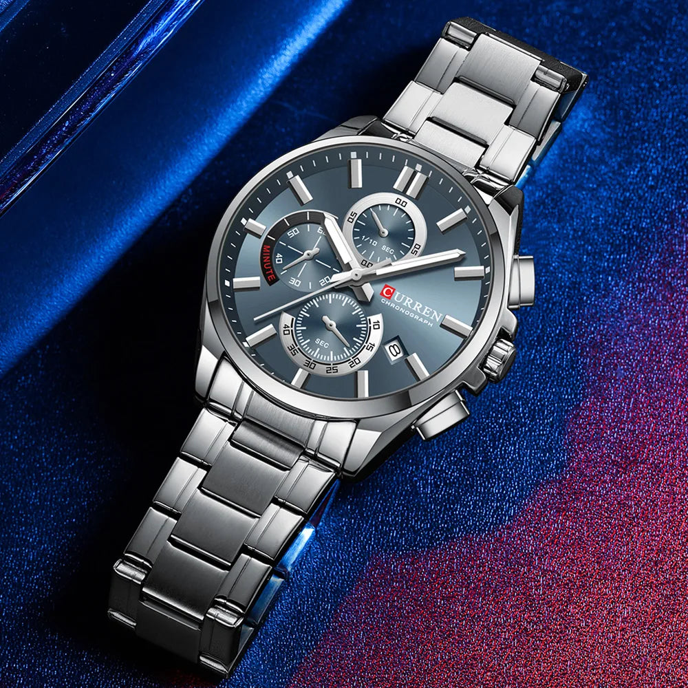 Montre homme CURREN, marque de luxe, originale, étanche, en acier inoxydable, chronographe, phase de lune, date, cadran rotatif