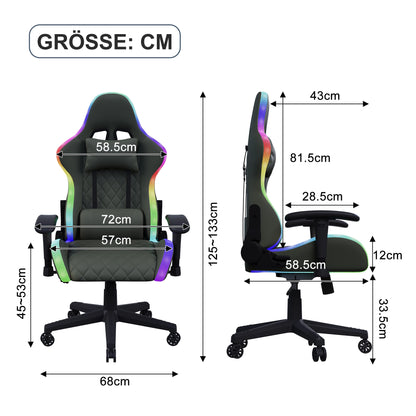 Rosahqnda Gaming Chair with Massage Function, Adjustable Office Chair, Gamer Chair with LED, Lumbar Cushion, Pillow, 150 KG
