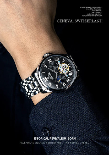 OLEVS 7013 Men's Watch Fashion Moon Phase Mechanical Watch For Men Waterproof Roman Scale Hollow Flywheel Automatic Hand Clock