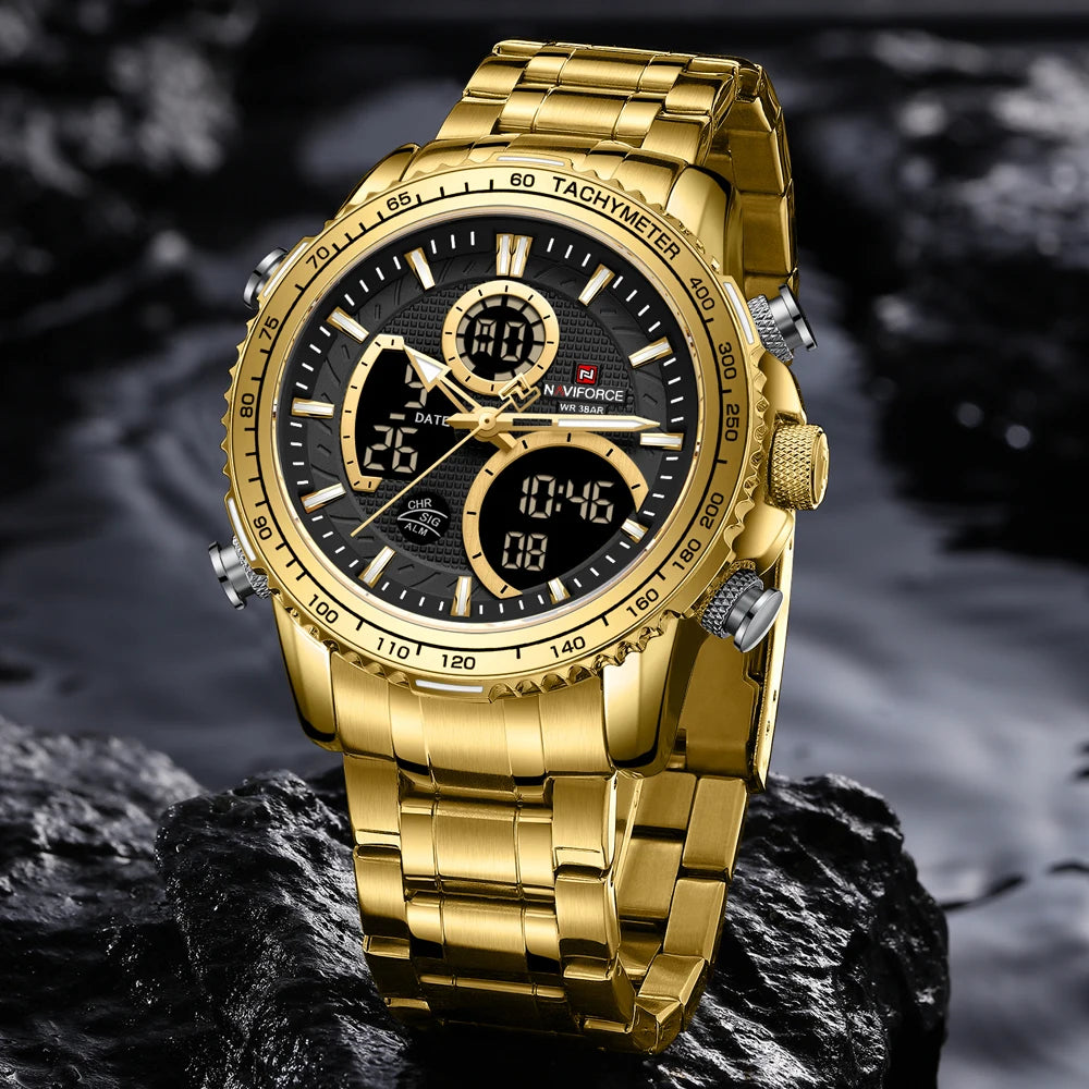 NAVIFORCE Men’s Sports Watch – Original luxury stainless steel wristwatch, water-resistant military-style model with dual display