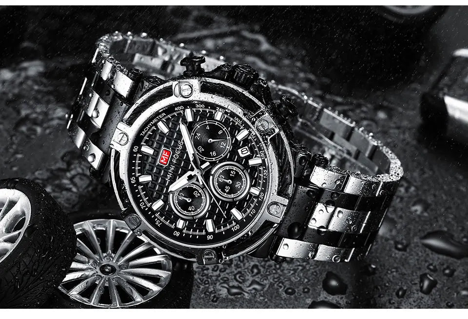 MINI FOCUS Black Stainless Steel Quartz Watch Men Fashion Luminous Dress Wristwatch with Date 24-hour Display Chronograph 0470