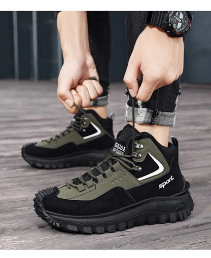Black And Tan Mid Top Hiking Boots Suede And Leather Platform Sneakers Non Slip Outdoor Casual Shoes With Rugged Sole For All