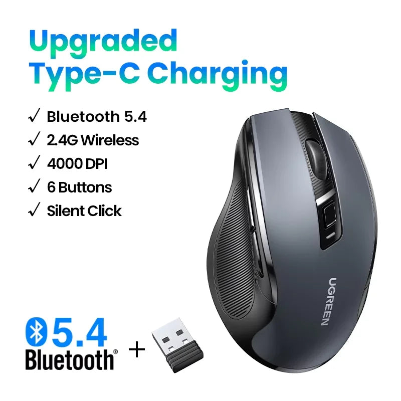 Rato sem fios UGREEN Bluetooth 5.0 ergonómico 4000DPI com 6 botões silenciosos para MacBook, tablet, portáteis, computador e PC, rato 2.4G