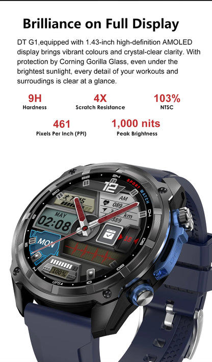 2026 New Military Smart Watch GPS Track Compass Altimeter Bluetooth Calling 860mAh Battery DTG1 Men Outdoor Sports Smartwatch