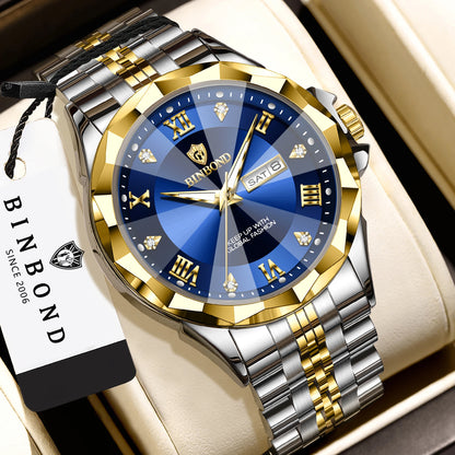 Relógio de quartzo para homem BINBOND – Relógio de pulso de luxo, luminoso e estanque, com indicação do dia da semana e data automática.