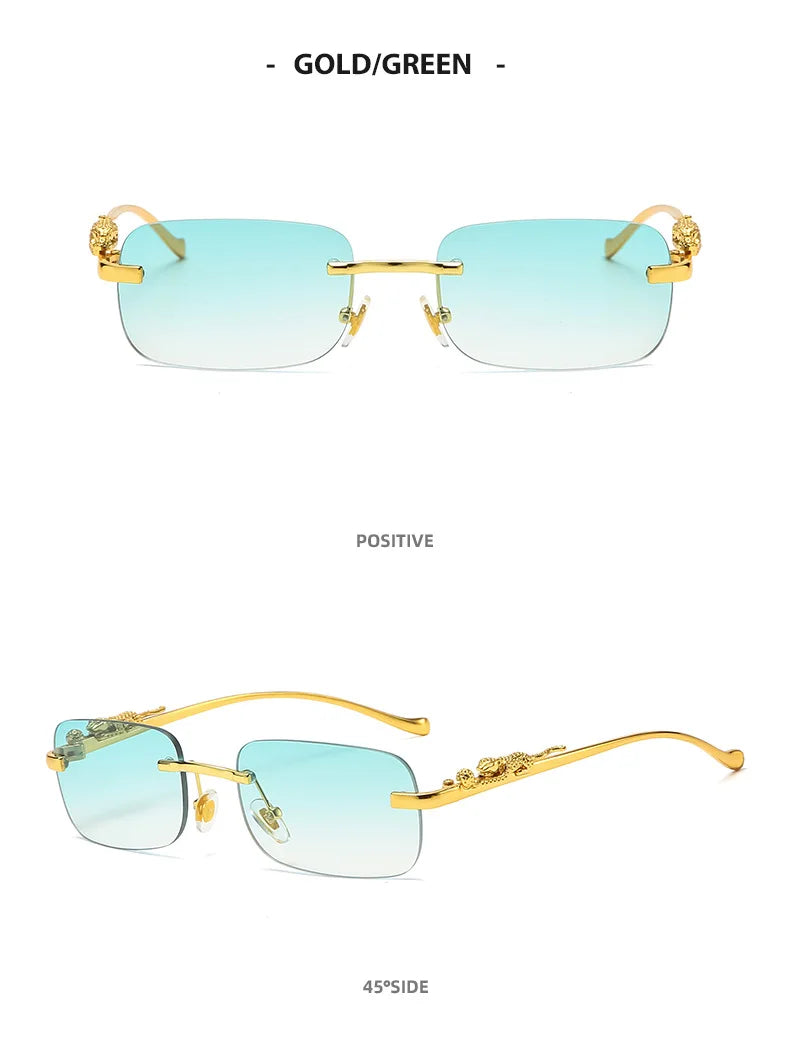 New Rimless Rectangle Vintage Metal Leopard Head Sunglasses Fashion Frameless Tinted Glasses Shades for Women Men
