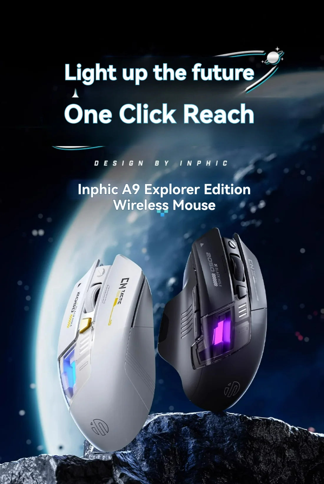 Rato Gaming Inphic A9 Pro Tri-Mode com Coluna de Luz Colorida, Indicador de Bateria, DPI Ajustável, Controlador Macro, Design Ergonómico, 12800DPI