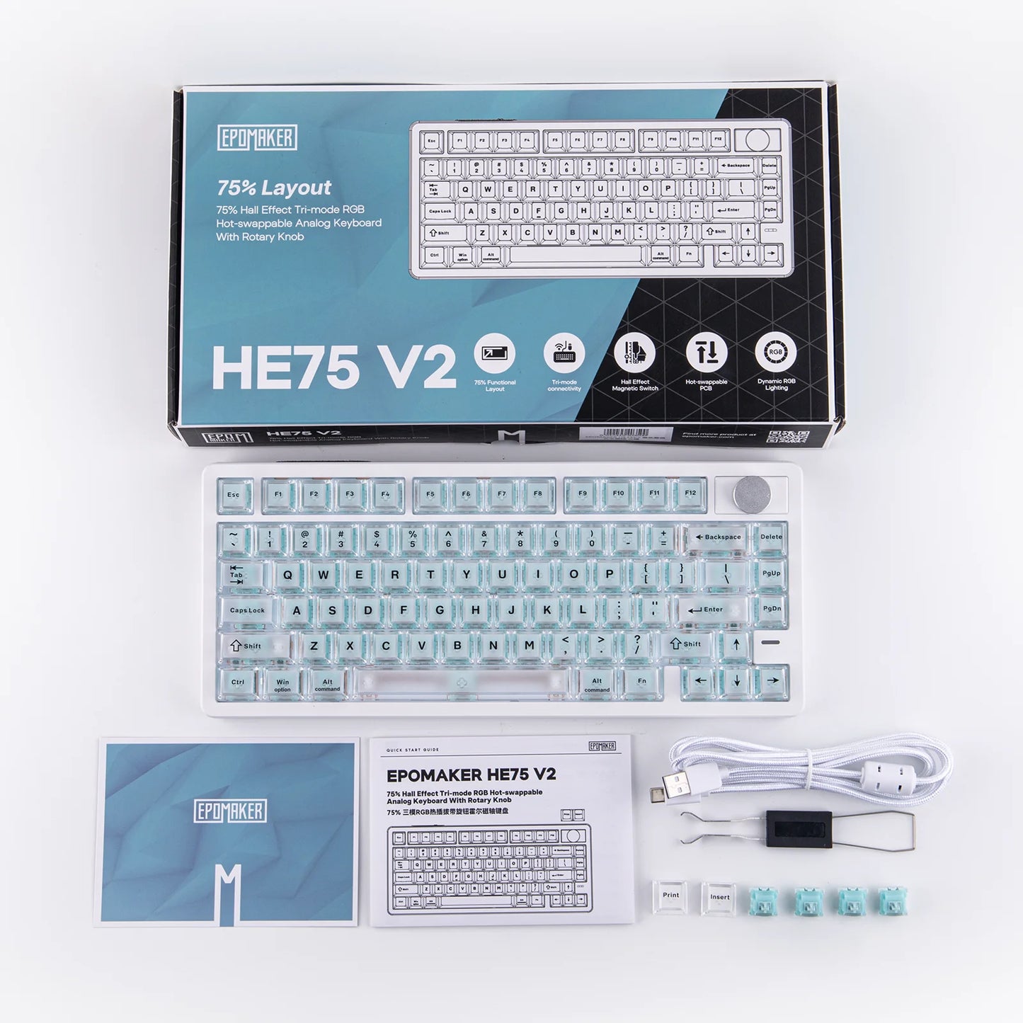 Tastiera gaming EPOMAKER HE75 V2 75% layout ANSI US tri-mode wireless a effetto Hall con attuazione regolabile 0.005mm/Rapid Triggering