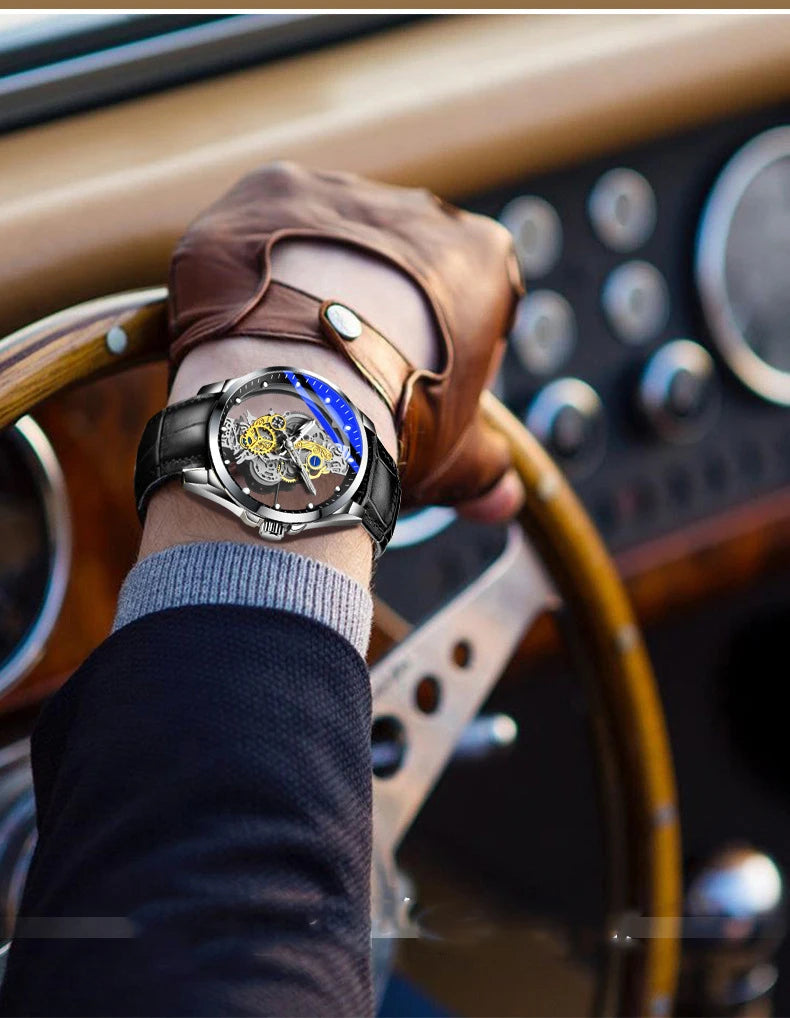 Trendy men’s watch, dual-opening model, luxury gold-tone style, imitation mechanical tourbillon, quartz movement.