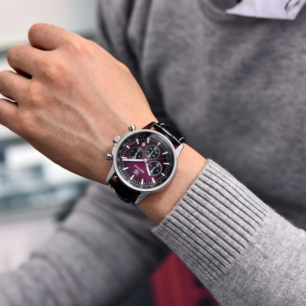 Benyar luxury men’s watch – Chronograph with date, leather strap, water-resistant, luminescent, sporty and military style, quartz watch