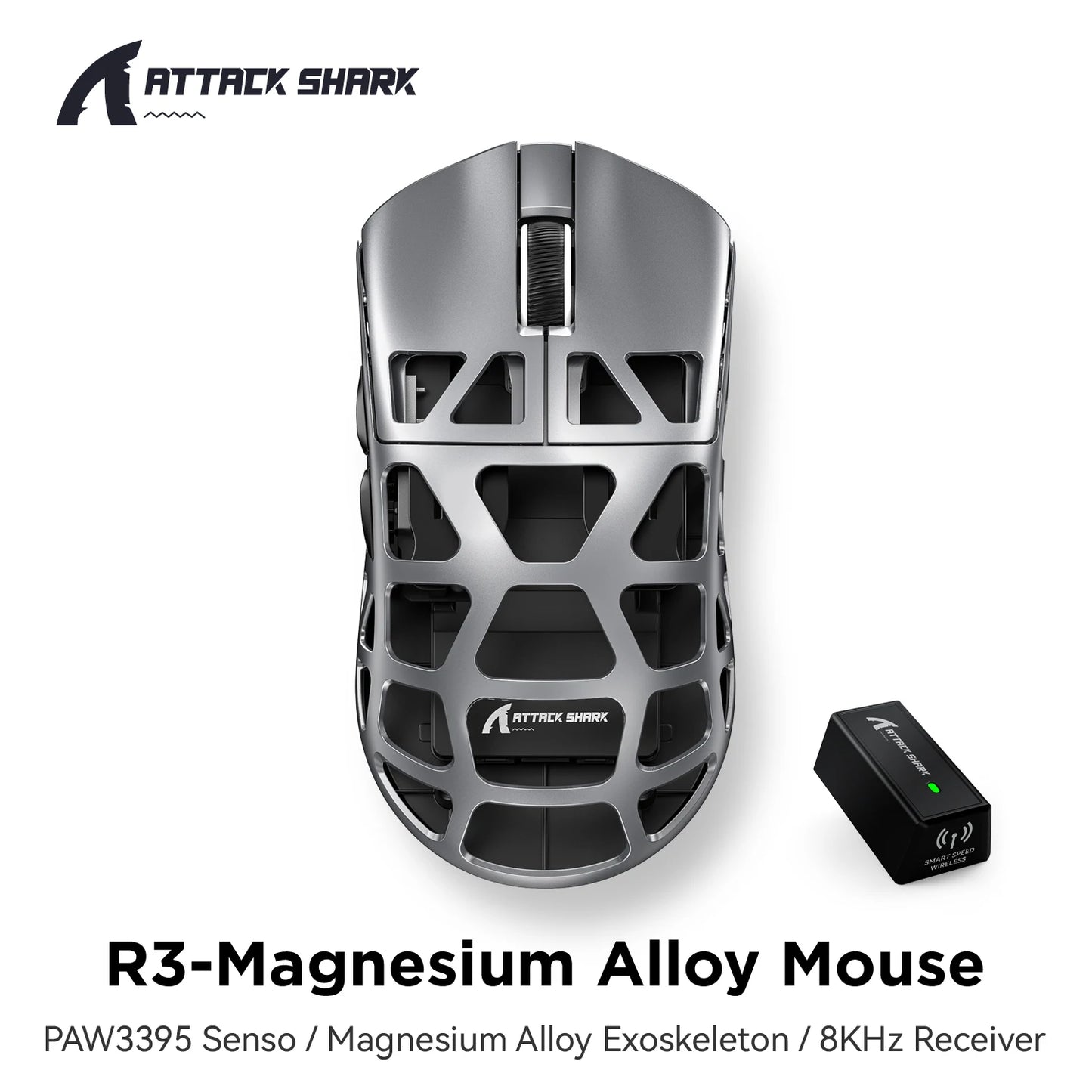 ATTACK SHARK R3 gamingmus i magnesiumlegering med bikakestruktur, ultralätt 8K Hz, PAW3395-sensor, 26000 DPI, ergonomisk skalform