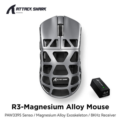 ATTACK SHARK R3 gamingmus i magnesiumlegering med bikakestruktur, ultralätt 8K Hz, PAW3395-sensor, 26000 DPI, ergonomisk skalform