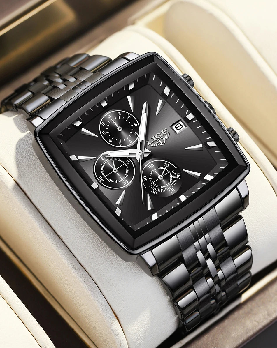 LIGE luxury men’s watches, square model, classic and trendy style, stainless steel, water-resistant, sporty and casual, with quartz movement.