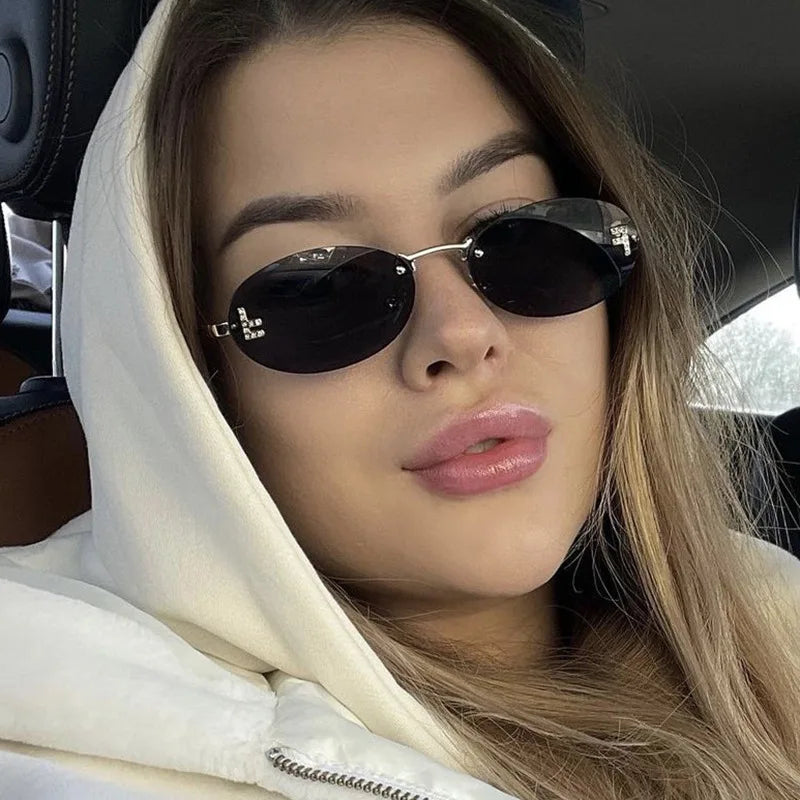 3set Women Fashion Brand Rimless Sunglasses Retro Small Oval Alloy Elegant Gradient Sun Glasses Outdoor Travel Shades Glasses