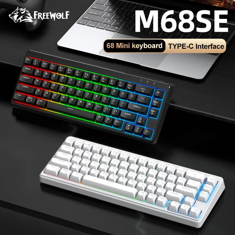 FREEWOLF M68SE Mini-Tastatur mit 68 Tasten, kabelgebunden, RGB-Hintergrundbeleuchtung, Type-C, 68-%-Layout, kompakt, für Gaming, Büro, PC und Laptop