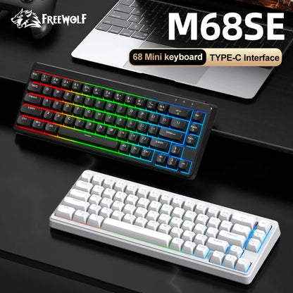FREEWOLF M68SE Mini-Tastatur mit 68 Tasten, kabelgebunden, RGB-Hintergrundbeleuchtung, Type-C, 68-%-Layout, kompakt, für Gaming, Büro, PC und Laptop
