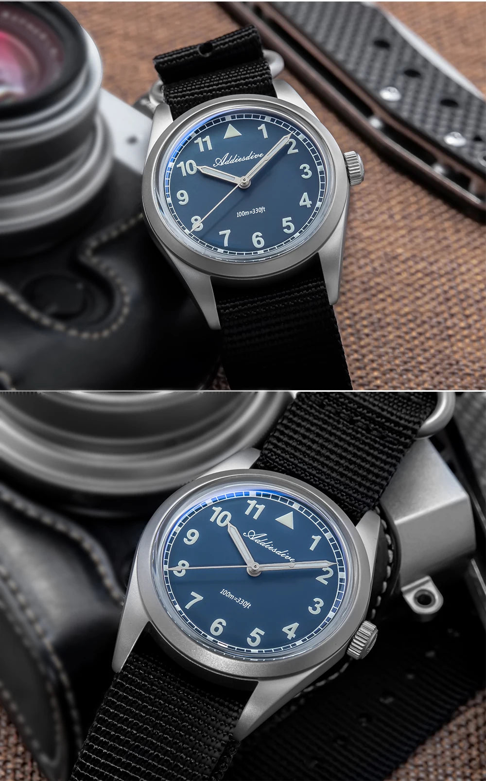 Relógio analógico masculino ADDIESDIVE 36mm com vidro espelhado bolha, 100m à prova de água, luminoso, simples, em quartzo, com bracelete em nylon