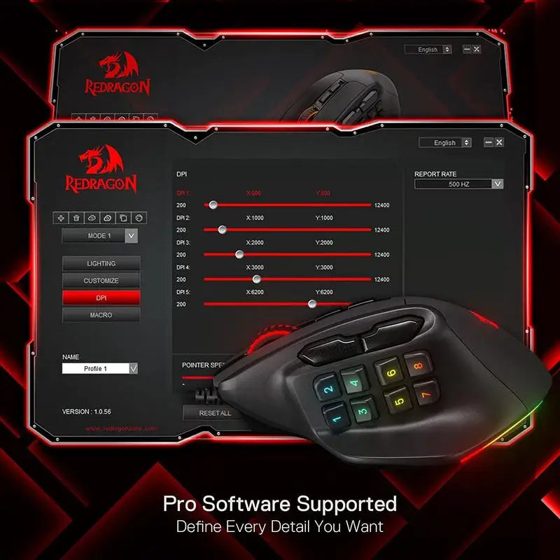 Herní myš Redragon M811 Aatrox MMO, kabelová RGB myš pro hráče s 15 programovatelnými tlačítky a ergonomickým přirozeným úchopem