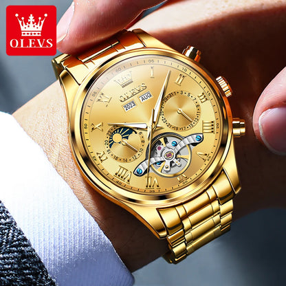 OLEVS 7005 Classic Business Mechanical Wristwatch for Men Skeleton Flywheel 24 Hour Moon Phase Calendar Luxury Men's Watch