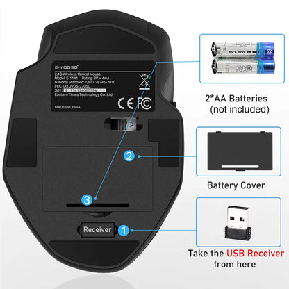 E-YOOSO 2.4G Wireless Ergonomic Mouse with Built-in USB Receiver, 5-Level 4800 DPI Portable Optical Mouse for PC Laptop Computer