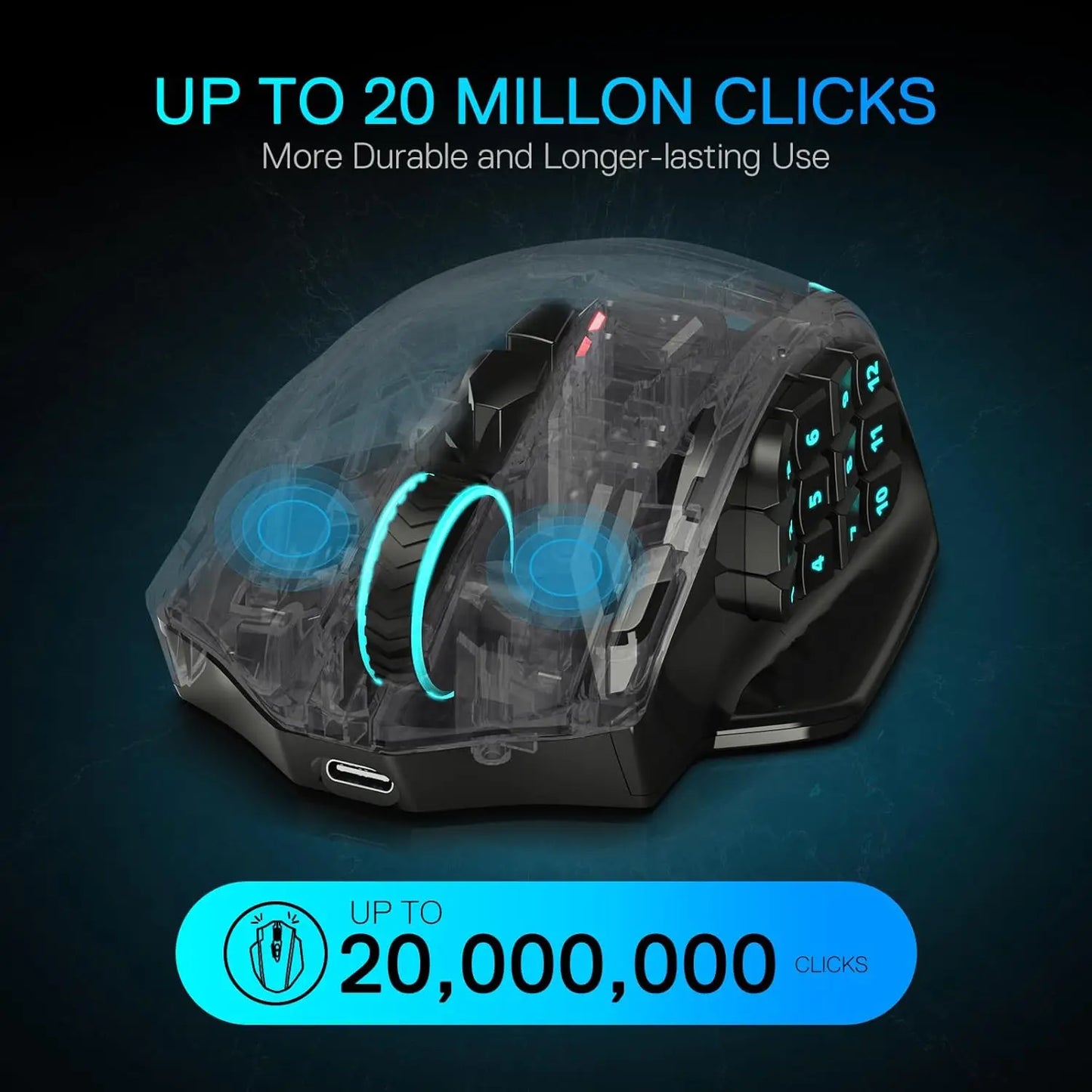 Mouse gaming ottico wireless Redragon M913 MAX 26000 DPI MMO con 16 pulsanti programmabili