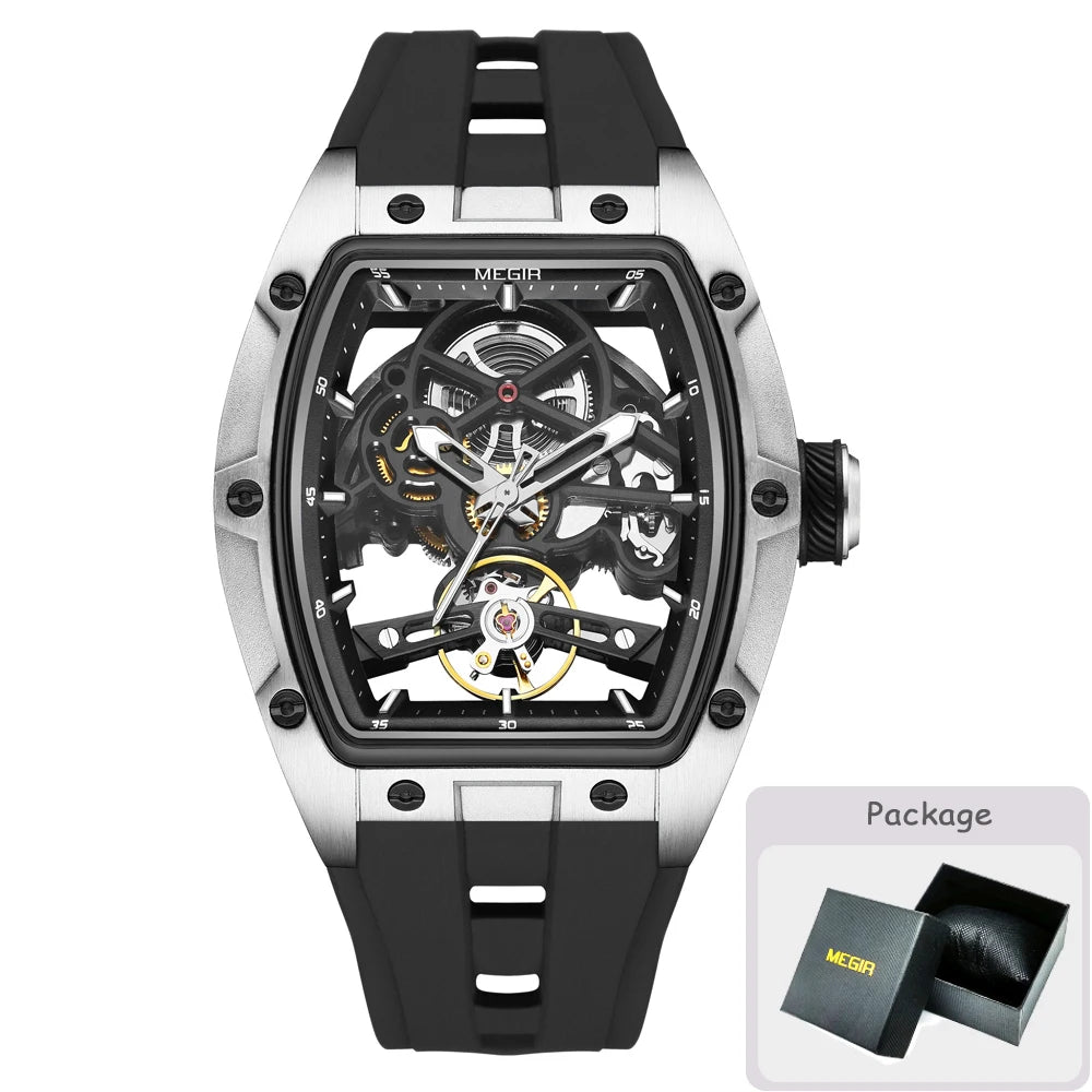 MEGIR men’s mechanical watch, tonneau shape, open-worked skeletonised dial, sporty style, silicone strap, luxury automatic watch