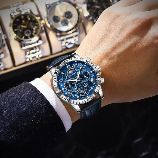 POEDAGAR luxury men’s wristwatch – Sporty, water-resistant and luminous chronograph, with leather strap, quartz movement