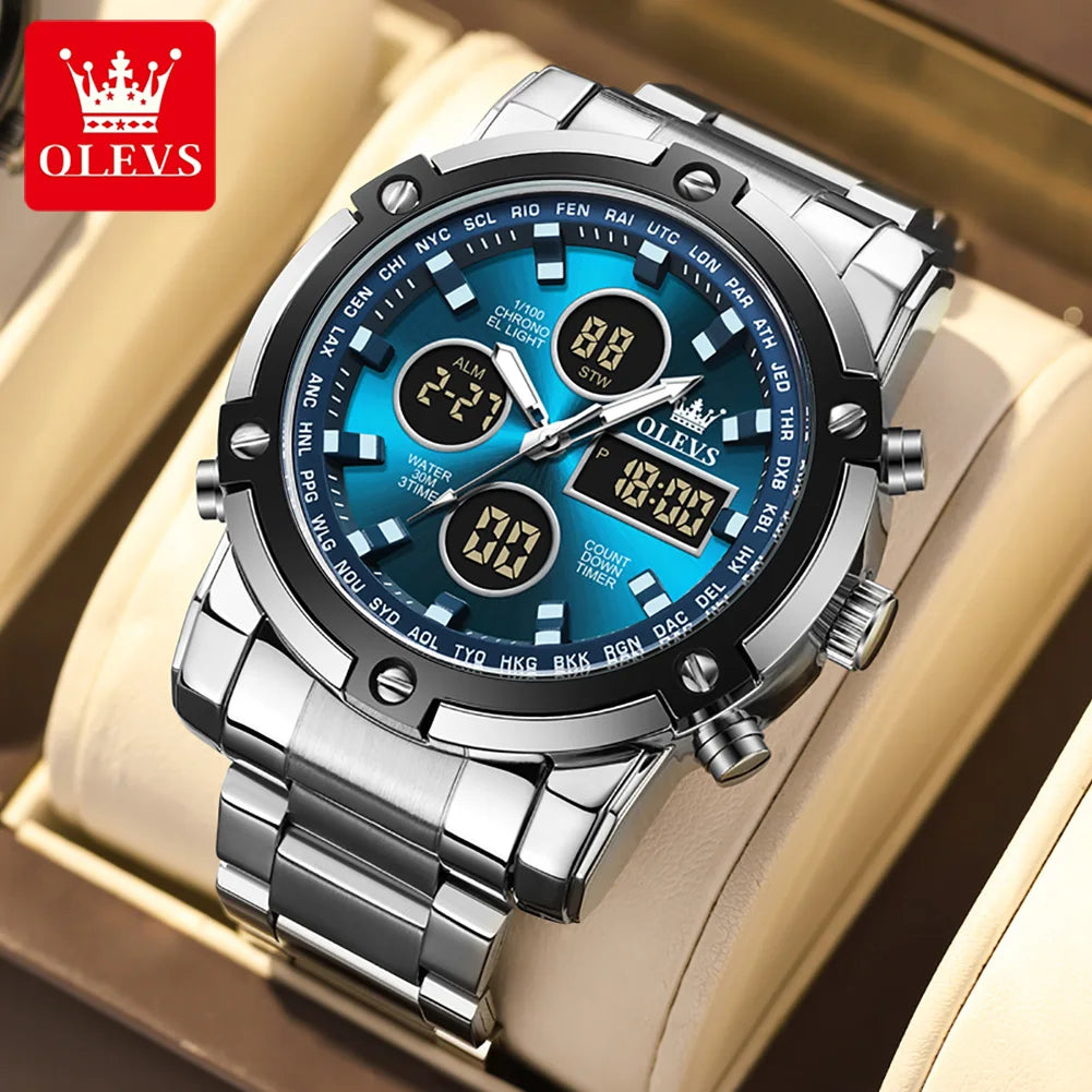 OLEVS Men’s Watch – Water-resistant stainless steel quartz wristwatch with LED display – Sporty and trendy style (model 1106)