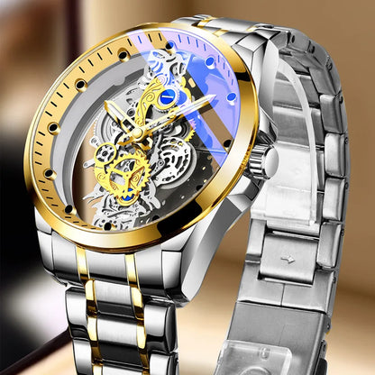 Trendy men’s watch, dual-opening model, luxury gold-tone style, imitation mechanical tourbillon, quartz movement.