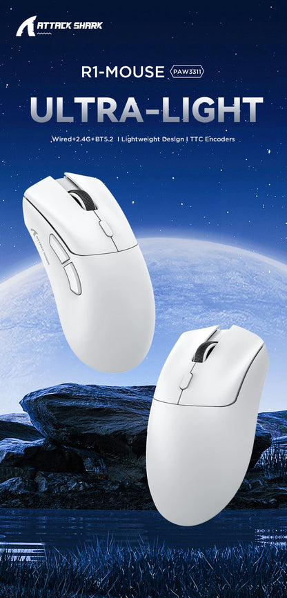 Attack Shark R1 Wireless Mouse Bluetooth Gaming Mouse,Viral Mouse Reviewed by Influencers PAW3311 Sensor,1000Hz Return-rate