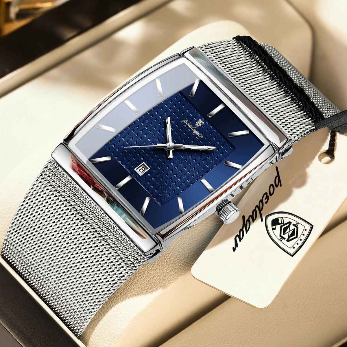 Montre pour homme POEDAGAR, modèle de luxe, bracelet en maille d'acier inoxydable, affichage de la date, étanche, aiguilles luminescentes, style décontracté, boîtier rectangulaire, mouvement à quartz.