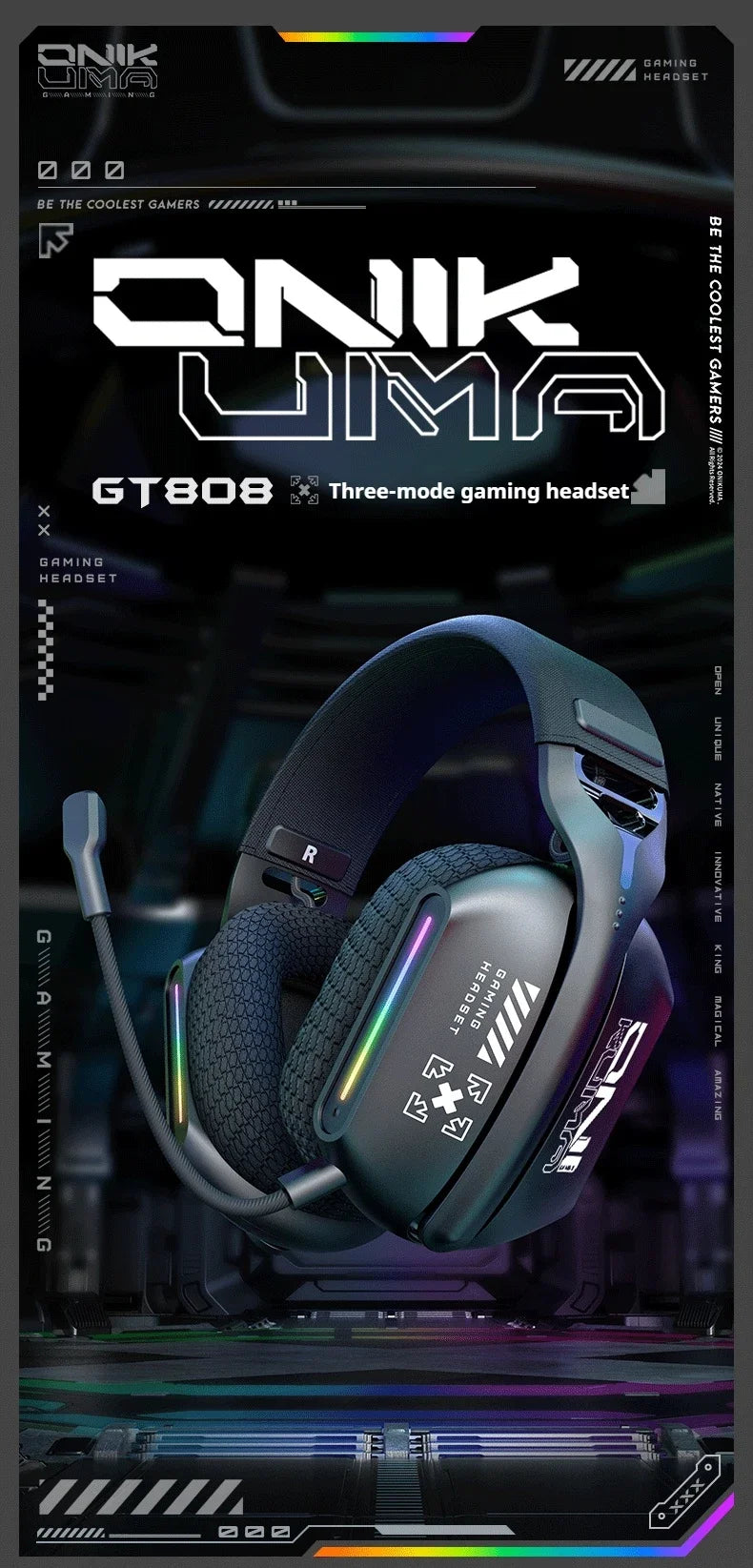 ONIKUMA Wireless Gaming Headset 2.4G/Wired/Bluetooth 3 Modes Bendable HD Mic Soft Ear Pads Immersive Sound for PC/PS4/5 GT808