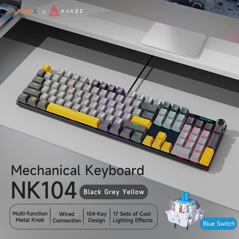 Teclado Mecânico AJAZZ NK104 com Fio, Teclas de Dupla Injeção, 104 Teclas, Hot-Swapping, Retroiluminação LED Híbrida, Teclado Gamer para Portátil e PC