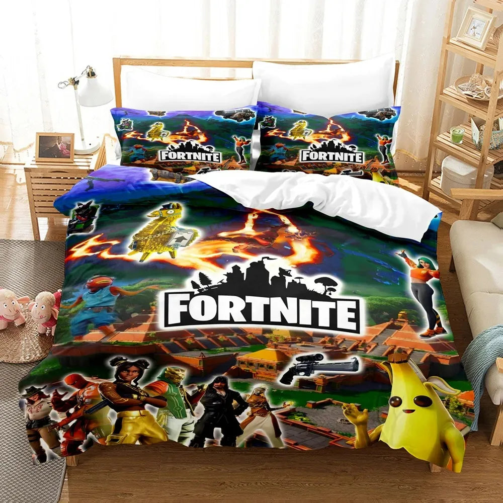 F-Fortnite 3PCS Bedding Set Battle Royale Kids Duvet Cover Quilt Pillowcase Double Size Victory Game Bedroom Linen Decoration